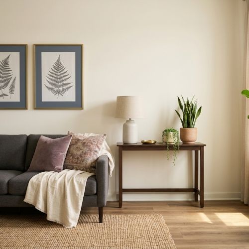 A cozy living room with a gray sofa, framed fern art, a lamp, potted plants, and a window letting in natural light.